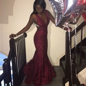 Burgundy glittery prom dress